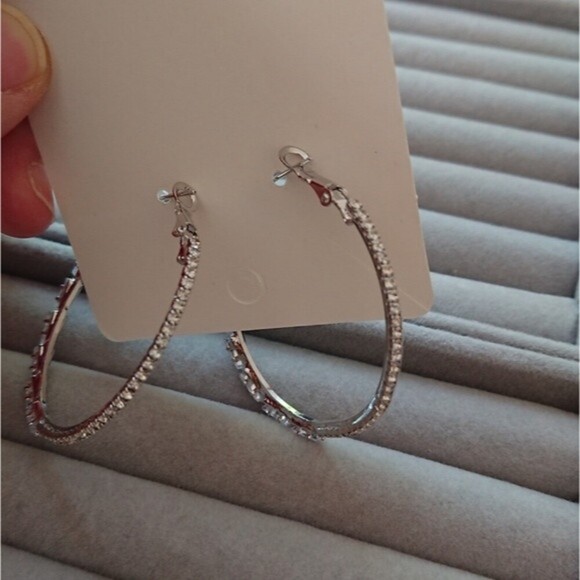 Cubic Zirconia silver tone hoop earrings - Picture 4 of 8